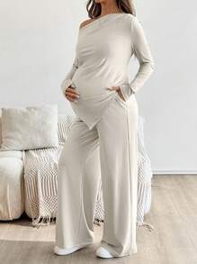 SHEIN Conjunto de 2 piezas de top y pantalones asimétricos de unicolor casual para mujeres embarazadas - Albaricoque - Ver 3