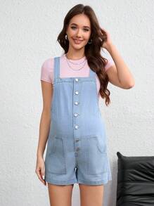SHEIN Maternity Casual Denim Romper For Summer - Light Wash - View 1