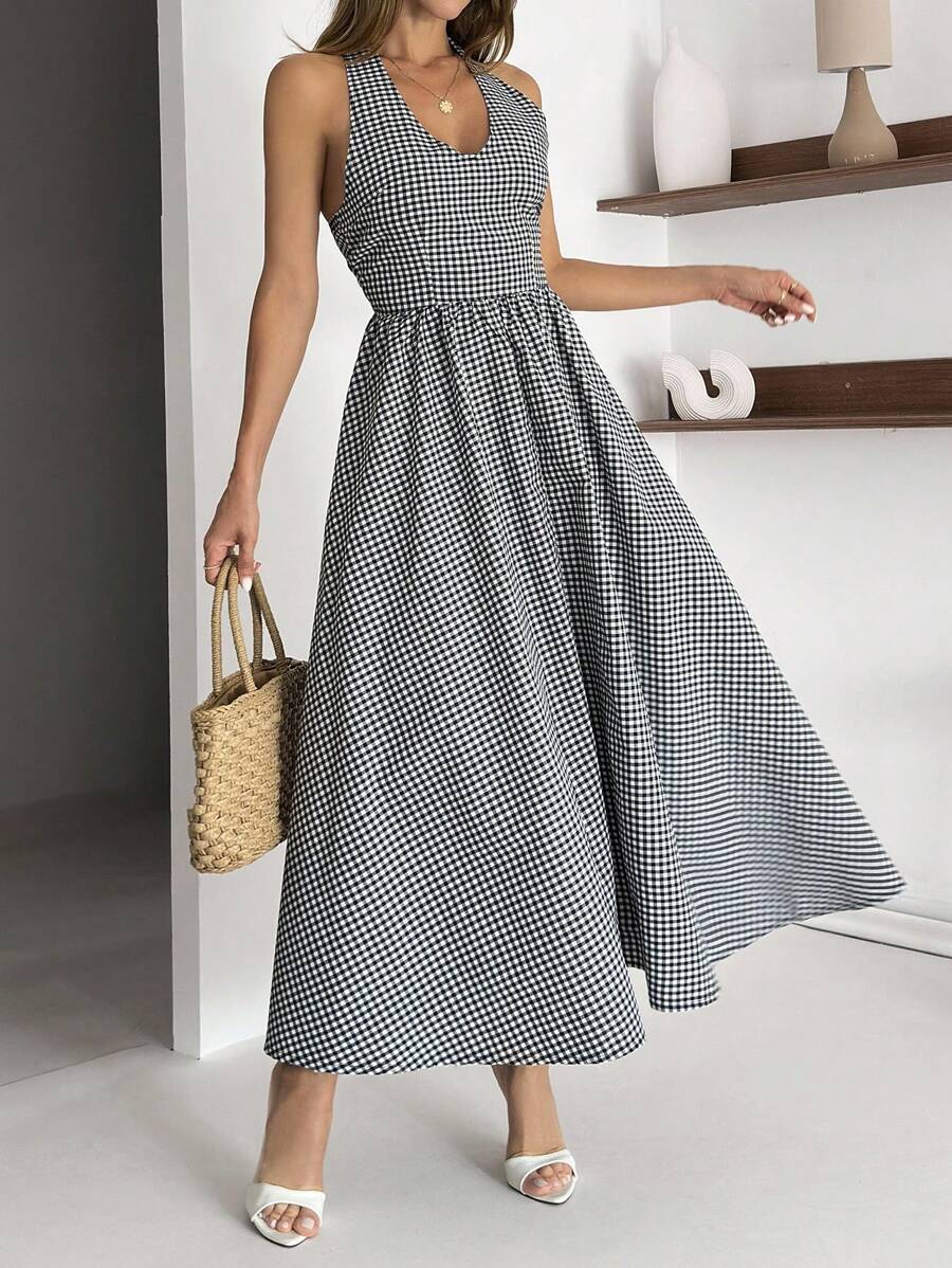 SHEIN Robe à carreaux avec détail de cou pour bretelles