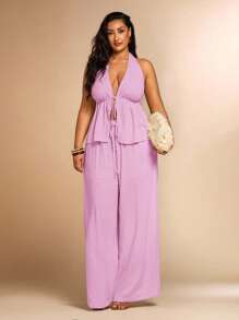 SHEIN BAE 全新夏季加大码亚麻套装，女式亚麻吊带背心和亚麻裤套装，海滩度假装 - 淺粉色 - 查看 1