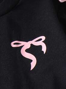 SHEIN Elladie kids 女童可爱粉色蝴蝶结印花圆领短袖T恤搭配黑色长裤时尚套装，春夏款 - 黑色 - 查看 5