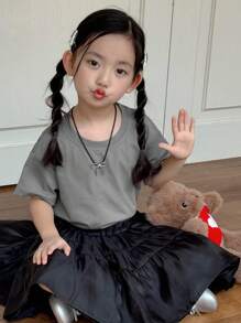 Dazy Kids 小女孩圆领短袖针织T恤，夏季，返校 - 灰色 - 查看 6