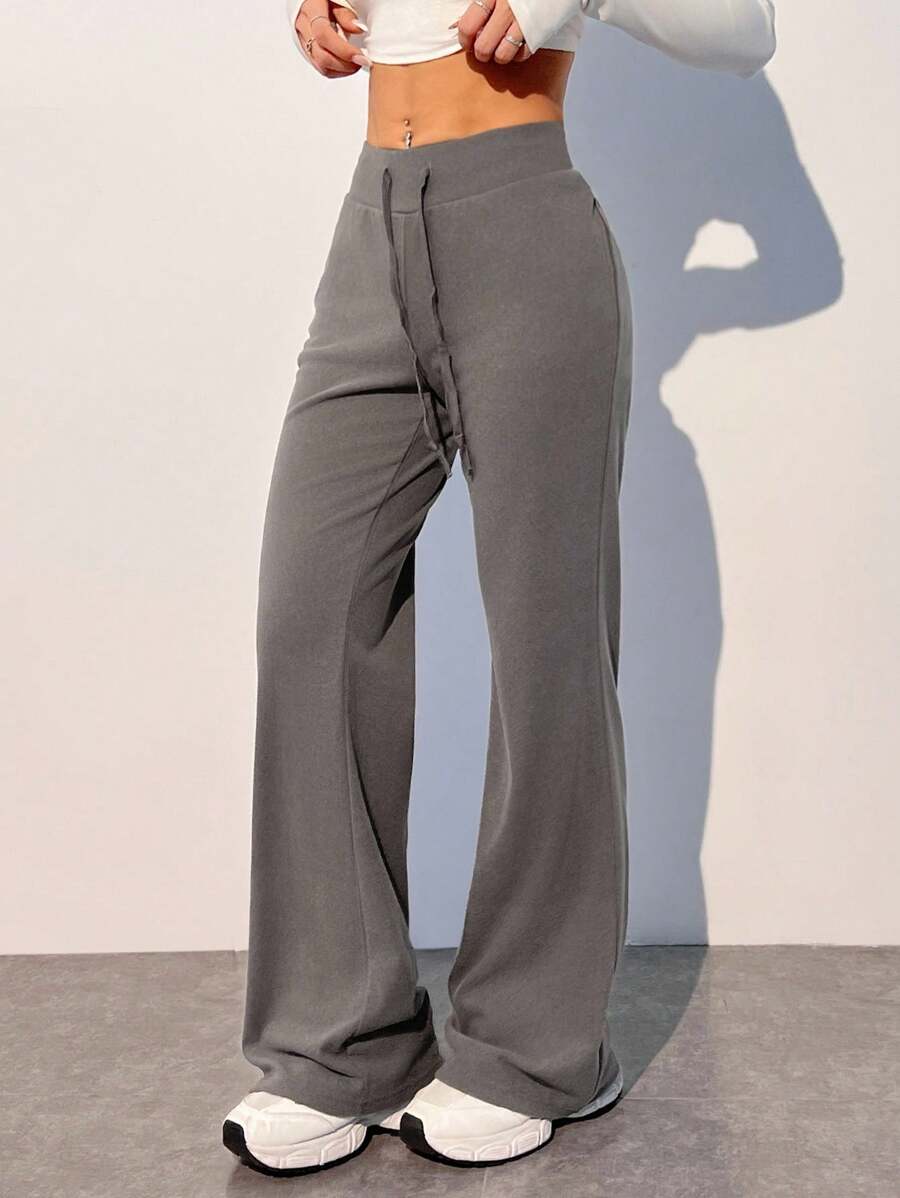 SHEIN EZwear 大码休闲舒适柔软高弹低腰长裤阔腿运动裤女式阔腿裤高腰运动裤 - 灰色 - 查看 1