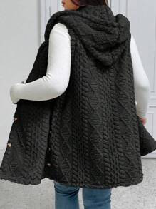 EMERY ROSE 大码休闲蓬松提花纯色加厚前开连帽单排扣百搭背心夹克 - 黑色 - 查看 1