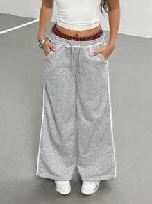 SHEIN Teen Girls Elastic Waist Drawstring Pocket Casual Wide Leg Loose Pants, Summer - Light Grey - View 5