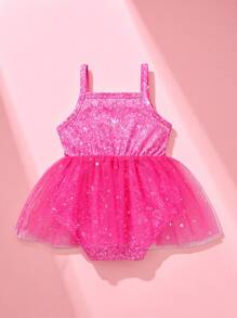 SHEIN Playful Pals 寶貝女孩華麗、優雅、可愛、有趣的字母亮片印花星形網眼連身褲，適合春夏攝影服裝 - 玫紅色 - 查看 2