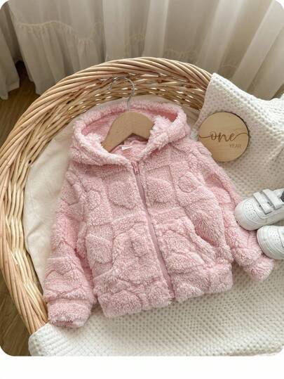 Babygirl Casual Solid Color Cute Heart Fluffy Hooded Jacket