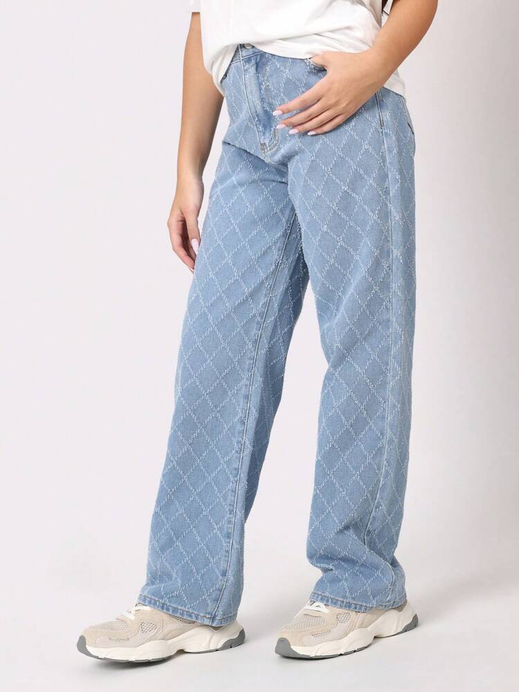 Diamond Quilted Wide Leg Denim Pants With High Waist
