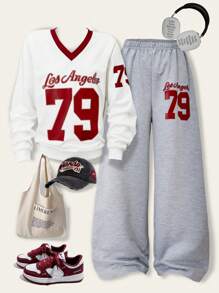 SHEIN Set da 2 pezzi Stile universitario casual: top a maniche corte con scollo a V e spalle scoperte e pantaloni larghi lunghi per ragazze adolescenti