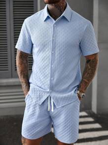 Manfinity Homme 2件套纯色纹理面料休闲短袖衬衫 - 藍色 - 查看 5