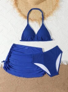 3pcs Solid Color Swimwear Set For Teen Girls, Including Swimsuit, Coverup And Skirt - Blue - View 6