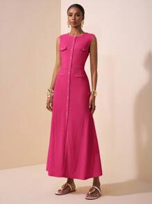 Zivah Rochie lungă pentru femei, de primăvară și vară, casual și elegantă, cu guler rotund, fără mâneci, decorată cu catarame metalice, cu coadă de pește, cu clapă deschisă, din material tricotat texturat negru, B - Roz fierbinte - Vizualizare 3