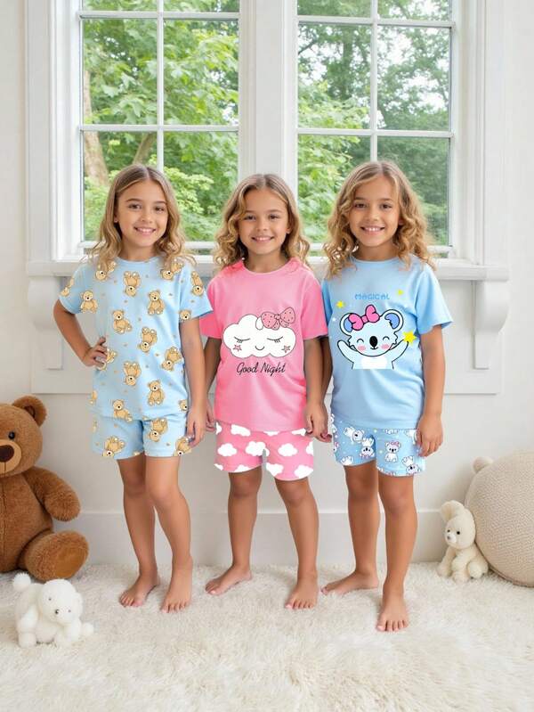 SHEIN Set de 6 piezas de pijama para niña joven con camiseta de manga corta y pantalones cortos con estampado de gatos y lunares