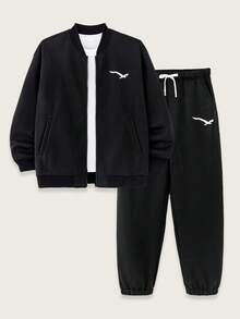 SHEIN Teen Boys Casual Street Bird Print Solid Color Versatile Comfortable Plain Long Sleeve Bomber Jacket And Long Pants Set, Suitable For Commuting, School, Casual, Holiday, Sports, Party, Fall Autumn And Winter Seasons Boys Sweatsuits Set Boy Teen 2pc Sets Tracksuit Jogging Track Suit For Teen Boys Boys Autumn Winter Casual Two Piece Set