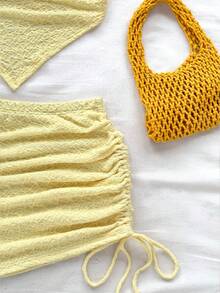 Soleia Vacation Knit Textured Criss-Cross Halter Neck Asymmetric Camisole + Knit Textured Drawstring Waist Bodycon Skirt Set Yellow Two Piece Set Summer Two Piece Set Knitted Two Piece Set One Shoulder Two Piece Set - Mustard Yellow - View 3