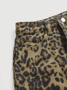 SHEIN PETITE 女式夏季时尚豹纹牛仔迷你裙 - 棕色 - 查看 3