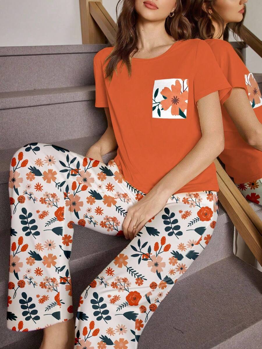 SHEIN 花卉印花圆领短袖女士睡衣套装 女士花卉睡衣套装 女士花卉睡衣套装 橙色睡衣套装 女士花卉休闲套装 女士夏季睡衣套装 - 橘色 - 查看 1