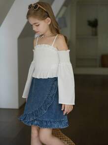 SHEIN Tween Girl Frill Trim Shirred Cold Shoulder Blouse - White - View 4