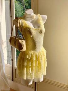 Comfortcana Vestido mini sexy de color liso con encaje, para verano - Amarillo - Ver 4