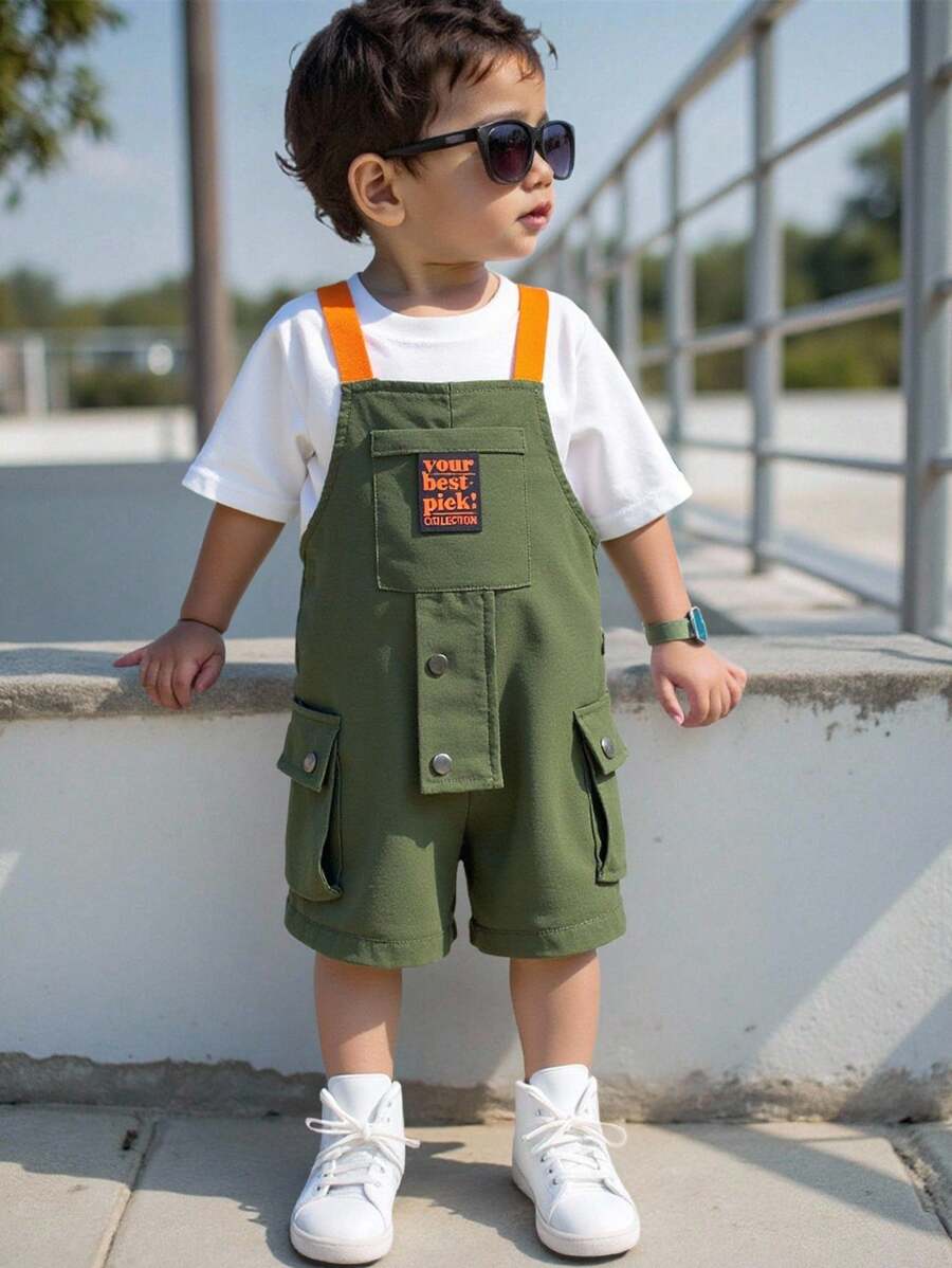Baby Unisex Casual Comfortable Versatile Cute Contrast Color Cargo Pocket Romper - Multicolor - View 1