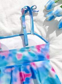 Tween Girls' Tie-Dye Bowknot Strap Multi-Tier Ruffle Hem Tankini Swimsuit, Beach/Holiday - Blue - View 6