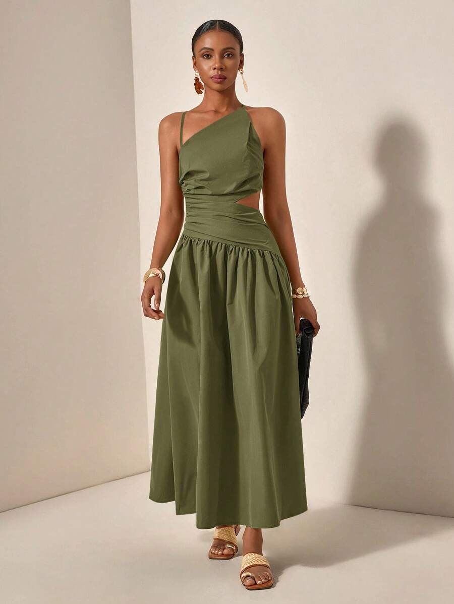 Zivah 新款休闲V领不对称镂空后背交叉肩带长裙，春夏