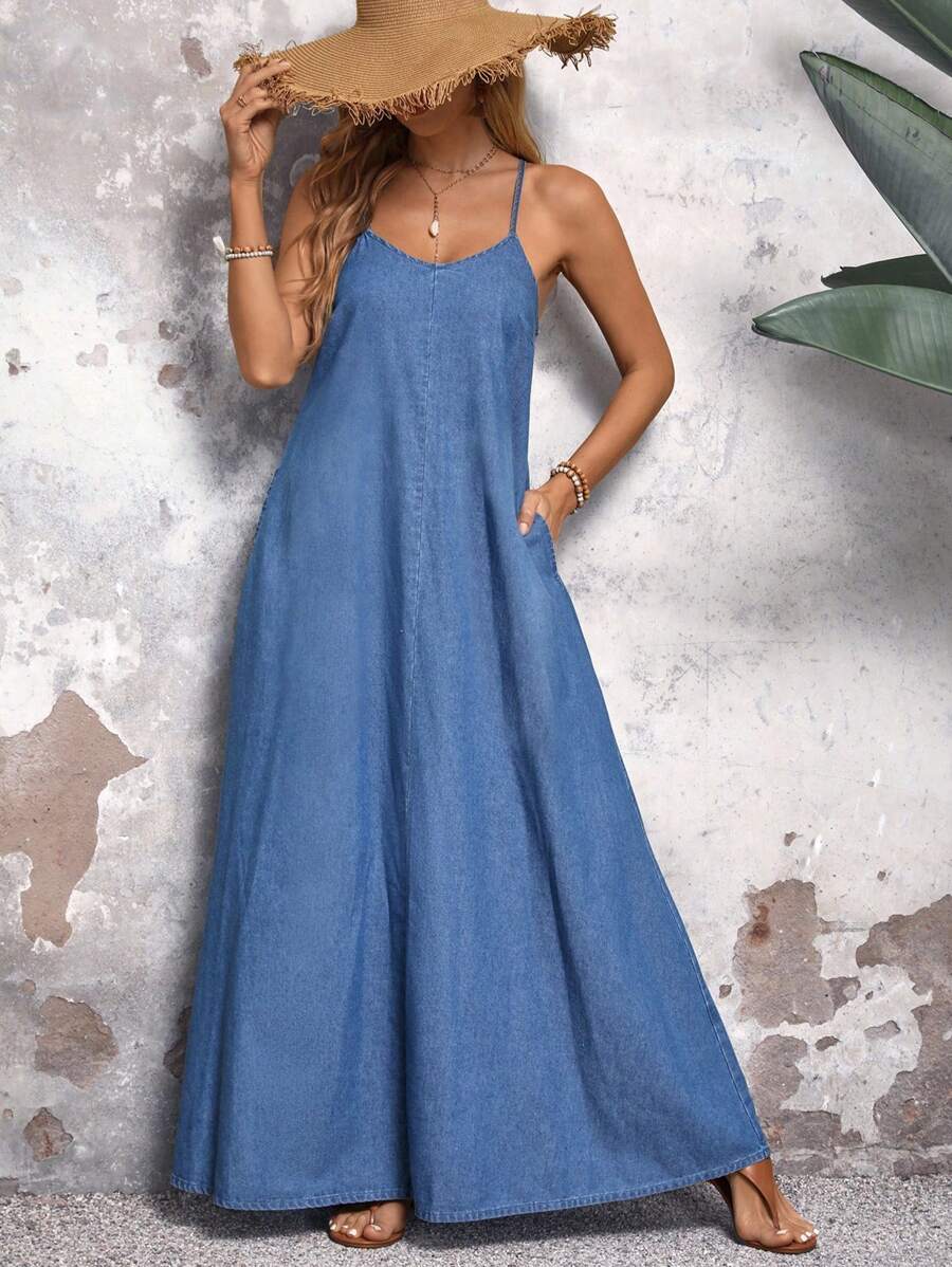 EMERY ROSE Einfarbiger Denim-Jumpsuit mit Taschen-Dekor, lässiger Träger, ärmelloser Lässig-Jumpsuit-Kleid