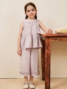 DAZY Young Girls Casual Round Neck Nature Style Sleeveless Blouse & Wide Leg Loose Pants 2pcs Set - Mauve Purple - View 5