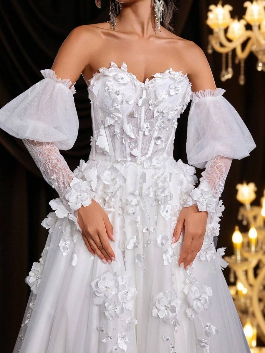 Glamrae 优雅奢华蕾丝刺绣网眼泡泡袖性感高开衩连衣裙，适合婚礼、派对、蜜月、新娘穿着 - 米色 - 查看 1