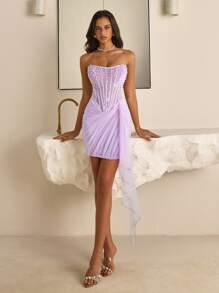 Vowa 优雅浅紫色抹胸透视网眼鱼骨珠装饰不均匀下摆荷叶边紧身露背可调节系带派对礼服，适合约会、度假、生日、毕业典礼、婚礼、社交活动 - 淡紫色 - 查看 3