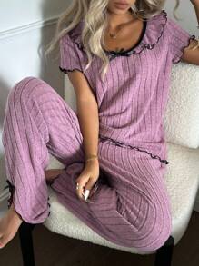 SHEIN 女士休闲舒适睡衣套装，带荷叶边、短袖和长裤 - 淡紫色 - 查看 3