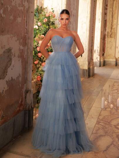 Glamrae 优雅奢华的浅蓝色亮片刺绣和圆点网眼拼布 V 领带胸罩杯分层正式晚礼服