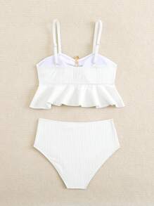 SHEIN Set de traje de baño de 2 piezas con top de tankini con volantes y Bottom triangular para niñas preadolescentes - Blanco - Ver 2
