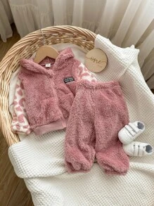 SHEIN 2 件套女婴羊毛连帽夹克和裤子套装