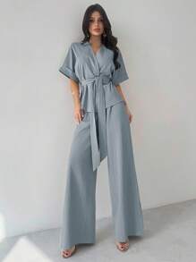 Firerie 2 件套女士休闲宽松西装，V 领衬衫和高腰阔腿裤，适合春夏秋季通勤、优雅、母亲节、教师节、工作装