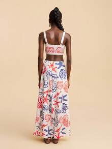 Travachic 2pcs/Set Women's Printed Camisole And Color Block Maxi Skirt Red White Blue,Summer,Tropical,Beach,Vacation,Holiday Bohemia Style Resort Wear Outfits - Multicolor - View 2