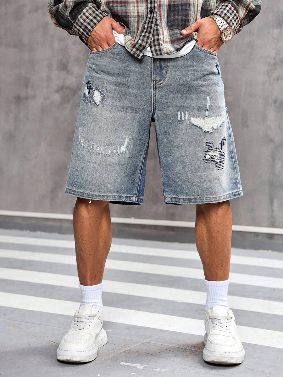 Manfinity Homme Quần short denim ống rộng túi rách thoải mái cho nam - Rửa nhẹ - Xem 1