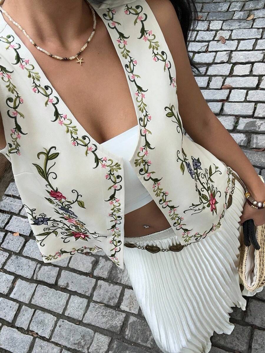 SHEIN Unity White V-Neck Single-Breasted Embroidered Vest - Apricot - View 1