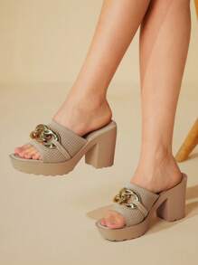 CUCCOO BASICS Women's Round Toe Thick Sole Metal Chain Apricot Knitted Material Comfortable Slip-On Sandals, Peep-Toe High Heel Mule Sandals