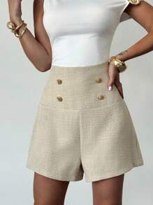 Firerie Short femme élégant et minimaliste à taille haute avec boucle métallique, rayures kaki ample. Convient pour le trajet domicile-travail, l'usage quotidien, le bureau, l'aéroport, les voyages et les sorties - Kaki - Voir 5