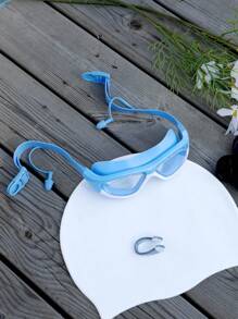 大框游泳镜，防雾防水硅胶游泳镜带耳塞，适合游泳训练和休闲，节日礼物 - 藍色 - 查看 5