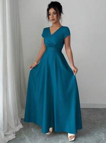 Elenzga 短袖V领收腰优雅浪漫女士连衣裙 - 水鴨藍 - 查看 3