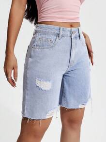 SHEIN EZwear 女式口袋做旧毛边休闲百搭牛仔短裤 - 淺色水洗藍 - 查看 7