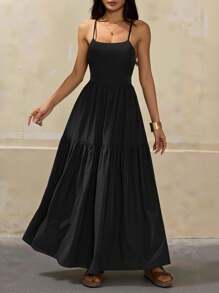 SHEIN PETITE Đầm đen hở lưng đơn giản màu trơn đơn giản cho nữ - màu đen - Xem 1