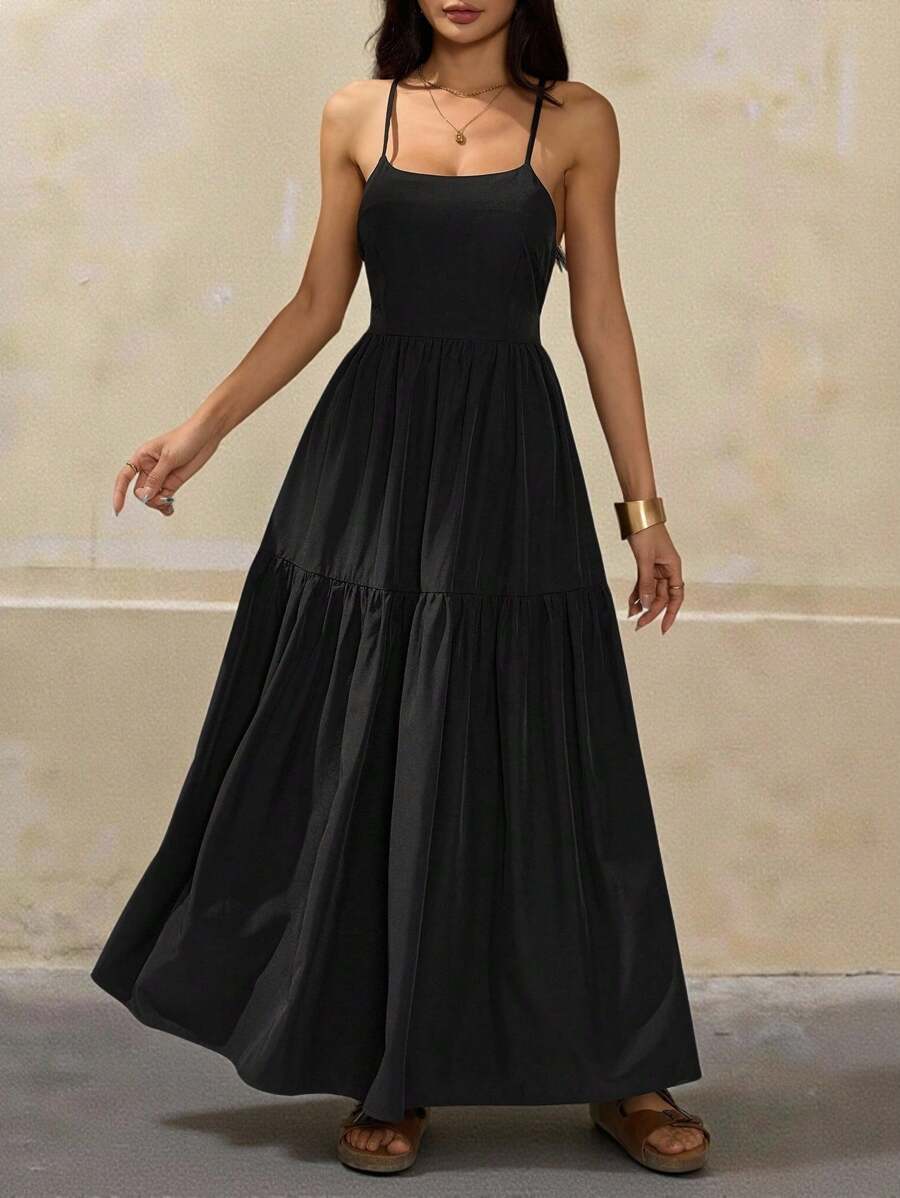 SHEIN PETITE Đầm đen hở lưng đơn giản màu trơn đơn giản cho nữ - màu đen - Xem 1