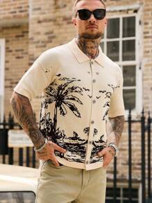 Manfinity RSRT 男士休闲图案印花纽扣圆领短袖针织毛衣男士图案衬衫男士衬衫街头潮流 - 彩色 - 查看 4