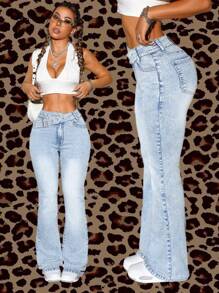 SHEIN Tall Oblique Buckle Waist Distressed Skinny Flare Jeans - Light Wash - View 5