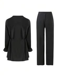 Swim Mulvari 2pcs/Set Women Oversized Modest Solid Black Long Sleeve & Pants Casual Swimsuit For Summer Beach Vacation