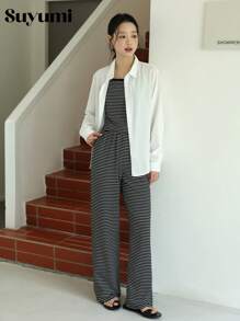 Bộ 3 món: Áo sơ mi thoải mái + Áo ba lỗ sọc đen trắng + Quần ống đứng ống rộng cạp cao, trang phục thường ngày ở nhà - Nhiều màu - Xem 7