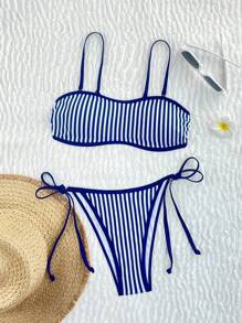 Swim Vcay 2pcs/Set Women Striped Print Tie Strap Swimsuit Set, Beach Holiday For Summer Beach Vacation - Blue and White - View 4